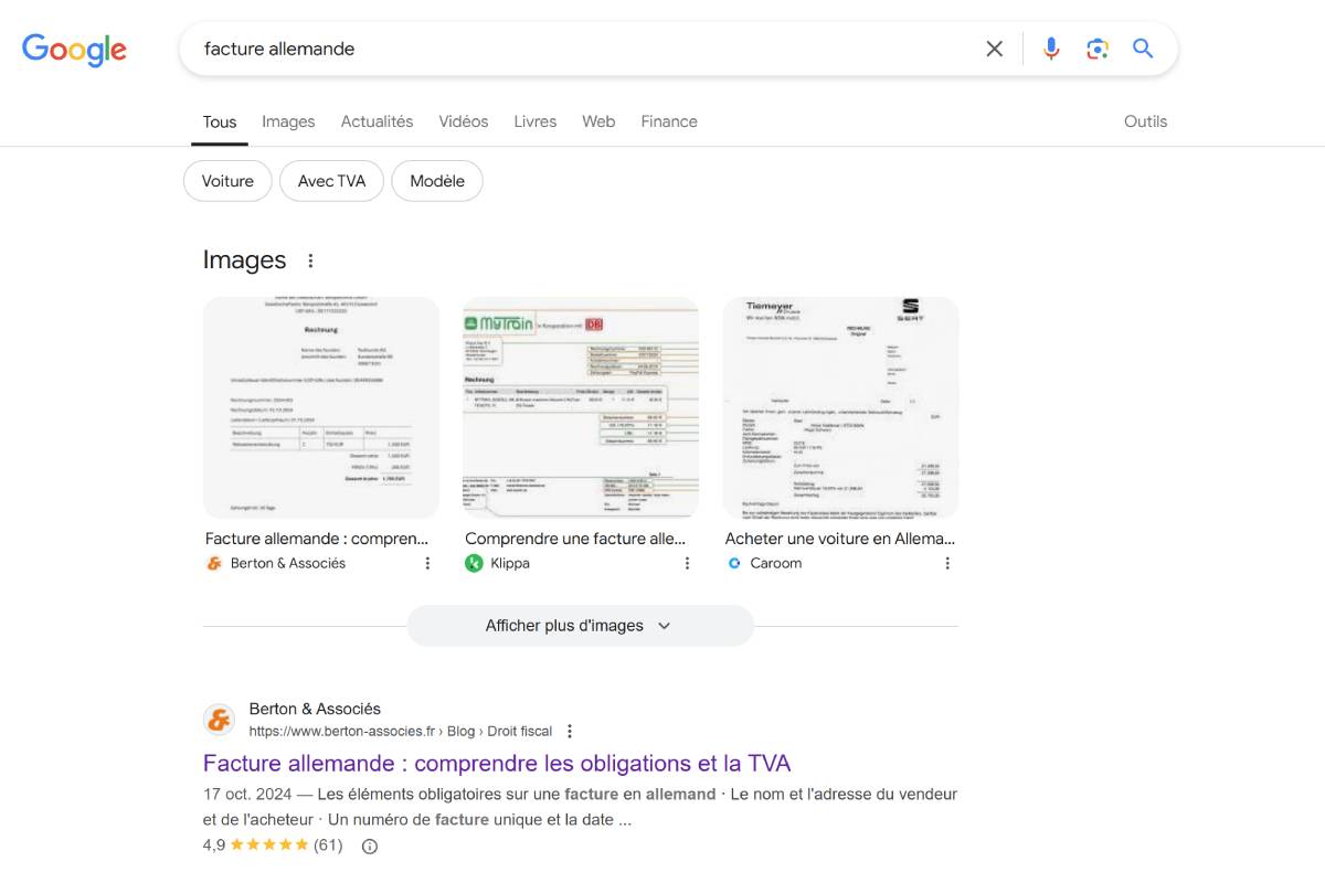 Page de résultats de Google (FR) sur la requête "facture allemande" avec le domaine berton-associes.fr en top 1