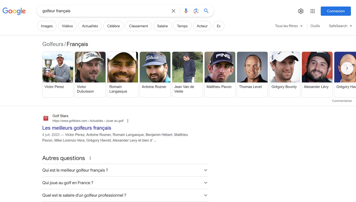 Visuel de la page de résultats de Google sur la recherche "Golfeur français" avec en top1 le domaine golfstars.com